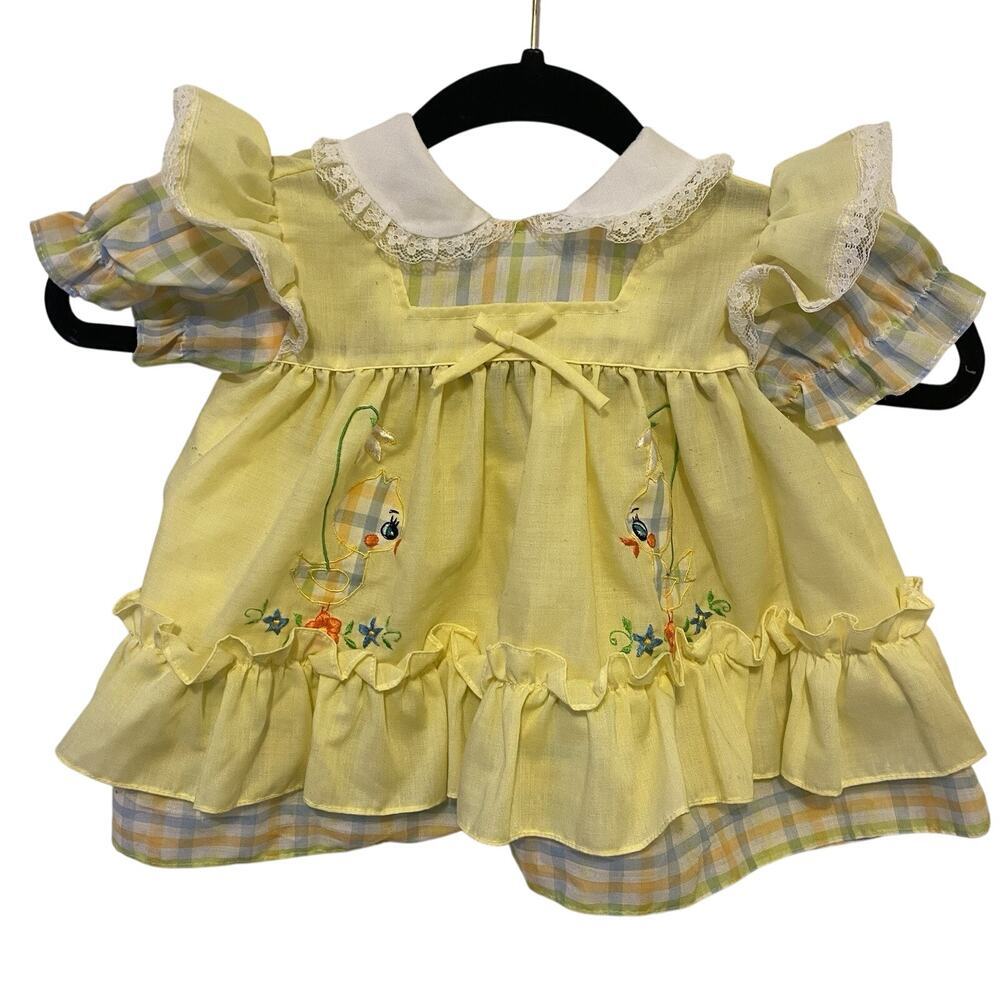 Vintage Little Princess Dress Yellow Flowers Ruffles Lace Bows Size 12 Months